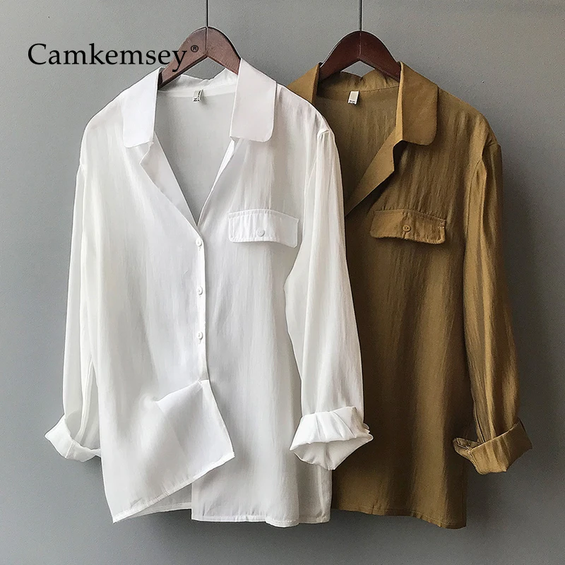 

CamKemsey Women Casual Blouses Shirts Spring Autumn Long Sleeve Turn Down Collar Work Wear Brief Solid Loose Blouses
