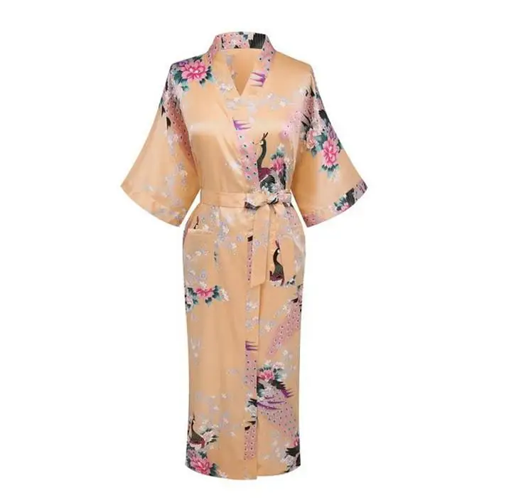 Женское кимоно с принтом, платье, ночное белье, пеньюар, атласный длинный халат, домашняя одежда, серая v-образная Пижама, повседневный халат для свадебной вечеринки - Цвет: Gold