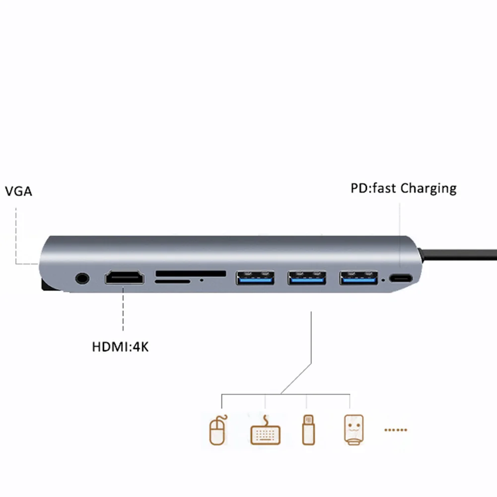 4K VGA PD type C для VGA для sd-слота Узловая док-станция HDMI 9 в 1 Передача данных 3 USB3.0 HDMI аудио адаптер TF порт для MacBook
