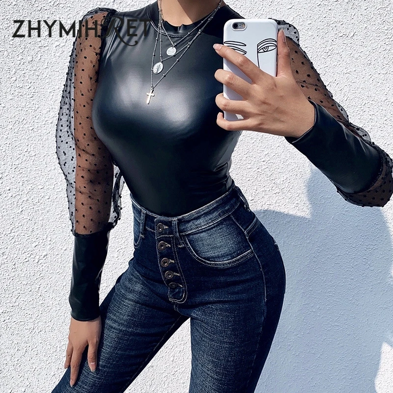 ZHYMIHRET, Прямая поставка, черное боди из искусственной кожи с сеткой, пэчворк, Женское боди, осень, обтягивающее боди с длинным рукавом, женская уличная одежда
