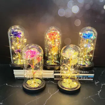 

Hot Beauty and The Beast Red Rose In A Glass Dome On A Wooden Base For Valentine's Day Gift LED Rose Lamps Christmas Decoration