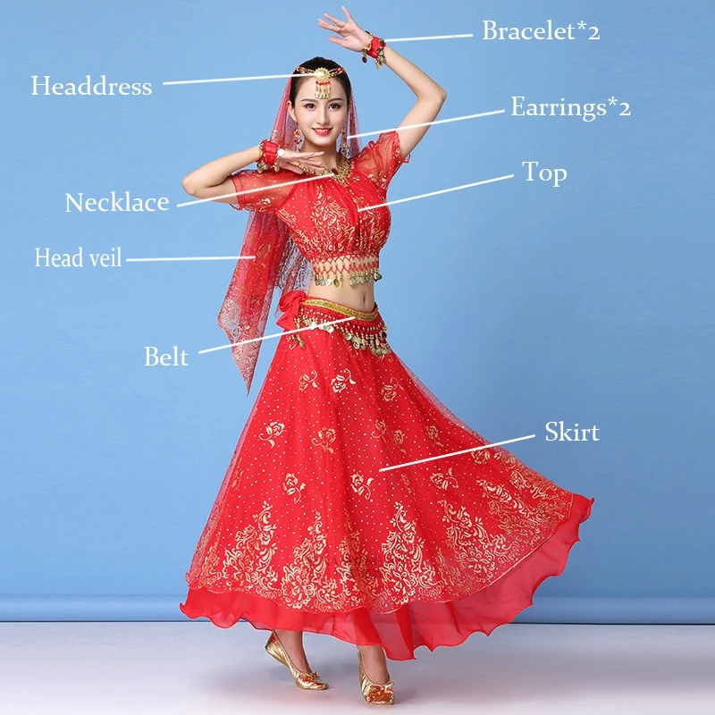 8pcs-red Болливуд платье костюм Женский индийский танец набор Танец живота Сари одежда танец живота представление одежда шифон танец набор - Цвет: 8pcs-red