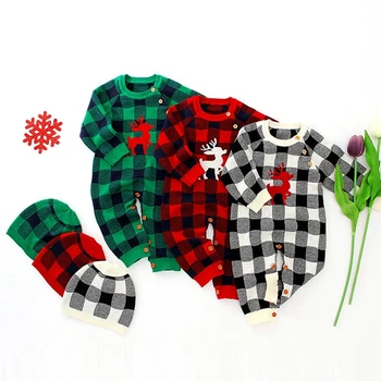 

Baby Boys Girls Christmas Romper Jumpsuit Winter Warm Xmas Deer Knitted Print Onesies Hat Set 2019 New Arrival Infant Clothes