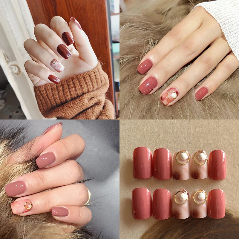 24pcs Pearl Frame False Nail Tips Short Full Cover Fake Nails Glue Nail Decorated For Fashion Girls