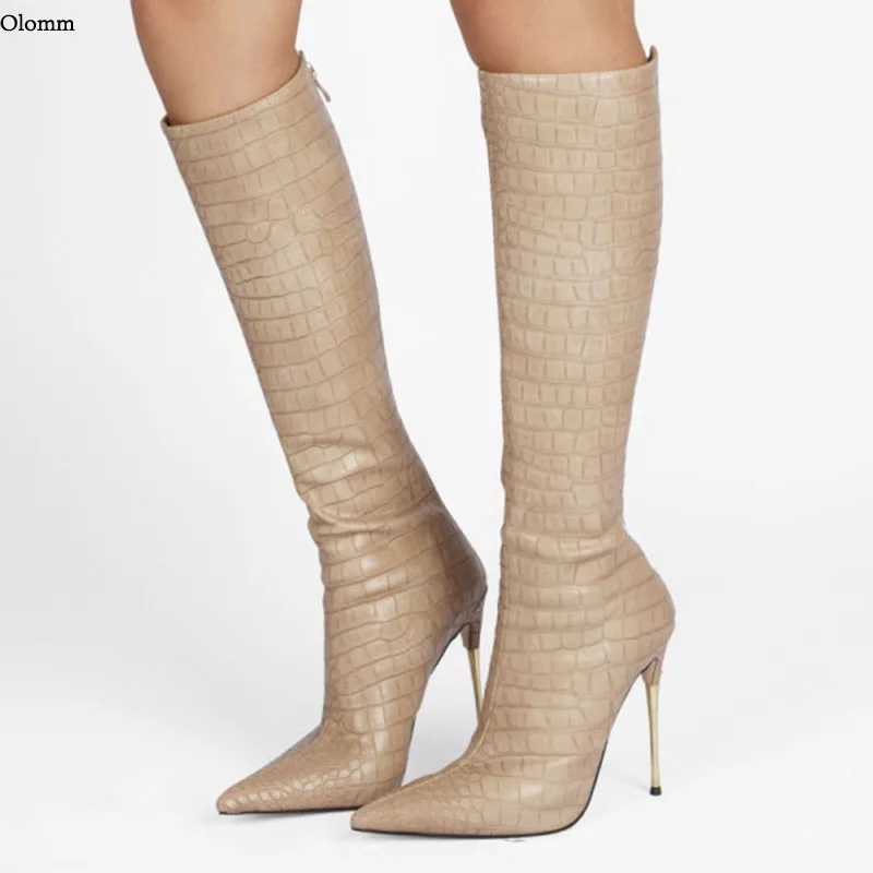 

Olomm New Women Winter Knee Boots Stone Metal Stiletto Heel Pointed Toe Gorgeous Khaki Coffee Club Wear Shoes Women US Size 5-13