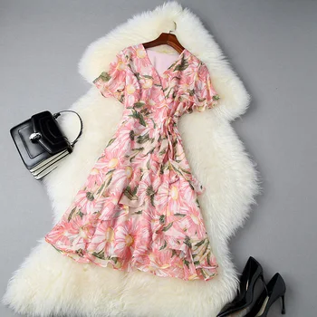 

Women floral print chiffon pink dress summer 2020 short sleeve ruffles sashes V-neck mini wrap dresses