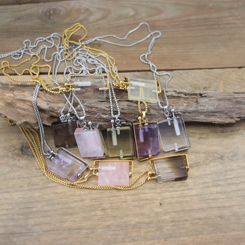 Natural Crystal Rotatable Rectangle Perfume Bottle Pendants Rose/Smoky Quartzs Essential Oil Vial Charms Necklace Jewelry QC1074
