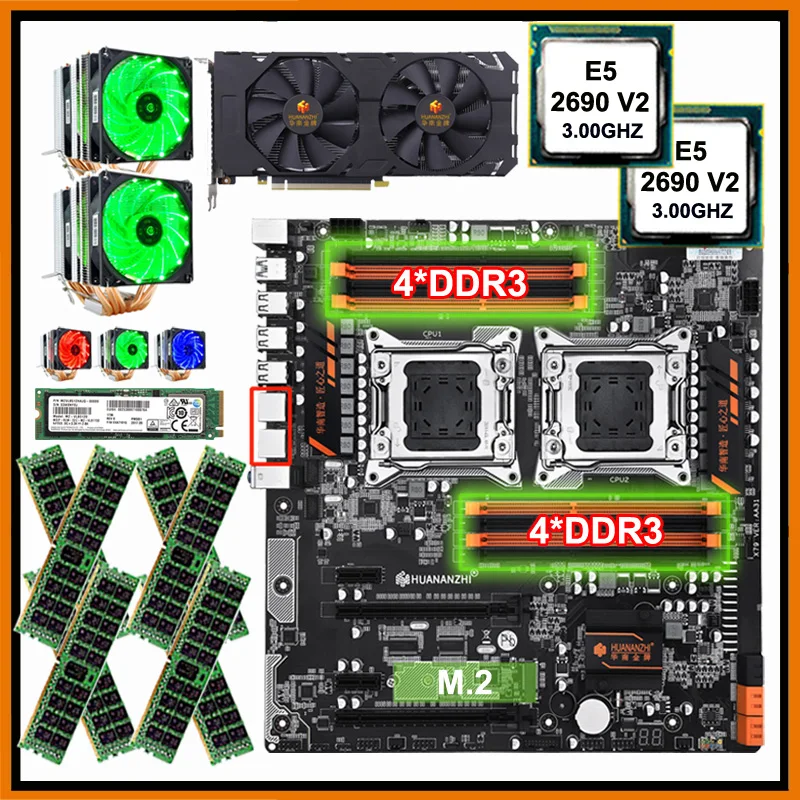 HUANANZHI dual X79 материнская плата с 512G Накопитель SSD с протоколом NVME двойной процессор Xeon E5 2690 V2 с охладителями ram 128G(8*16G) видеокарта GTX1660TI 6G