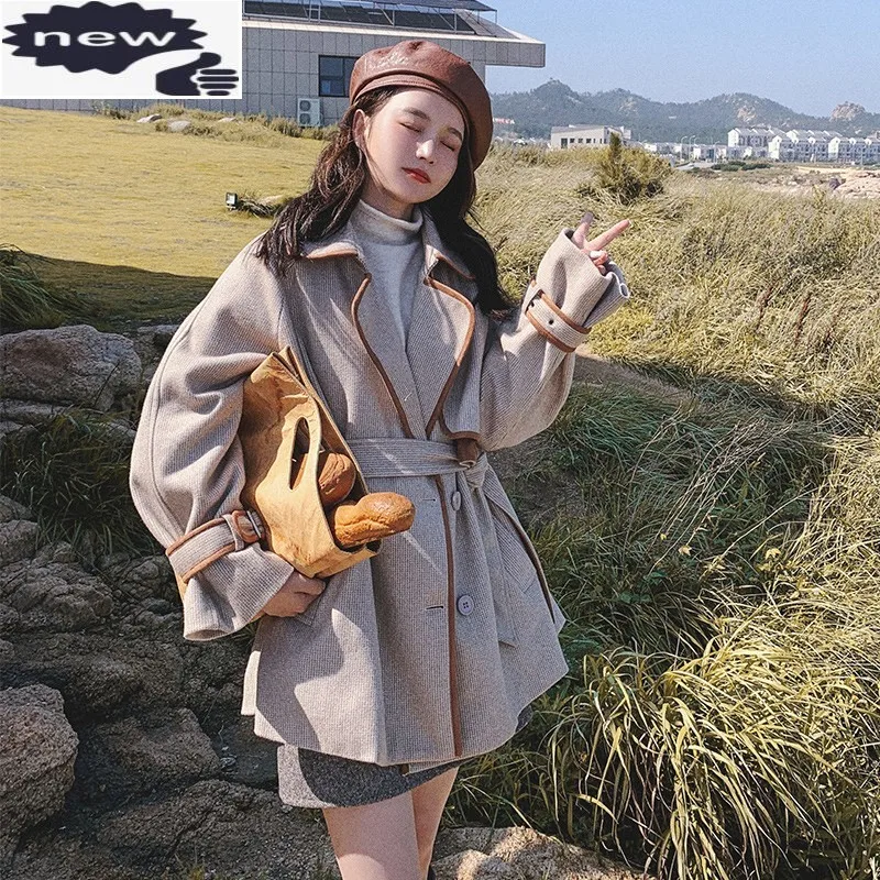 

Retro Women Blends Trench High Street Loose Single Breasted Plaid Short Overcoat 2021 Autumn Winter Female Sashes Wool Coat