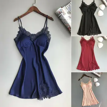 

2020 Comfortable Women Sexy Lace Sleeveless Silk Lingerie Sleepwear Nightwear Summer Robe Dress Babydoll Nightdress