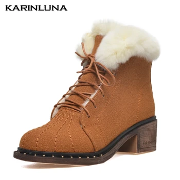 

karinluna Big Size 43 Snow Winter Plush Keep Warm Ankle Women Boots Round Toe Cross-tied Square Thick Heels 5.5 cm women shoes