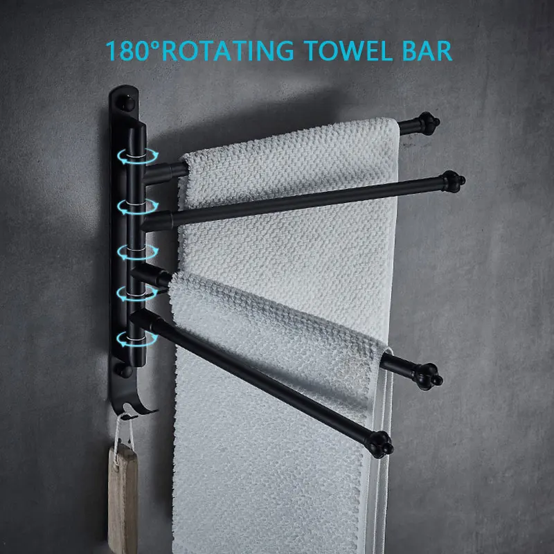 Stainless Steel Bathroom Swivel Towel Bar Hanger 4 Arm Swing Towel Rack With Hook Wall-Mounted Bathroom Storage Rack