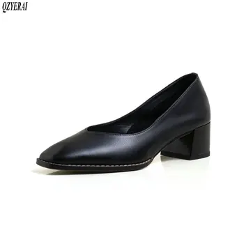 

QZYERAI Genuine Leather Pumps Women Square Toe Footwear Shallow Office Shoes Female Fashion Chunky Heels 4 Inch Woman Spring