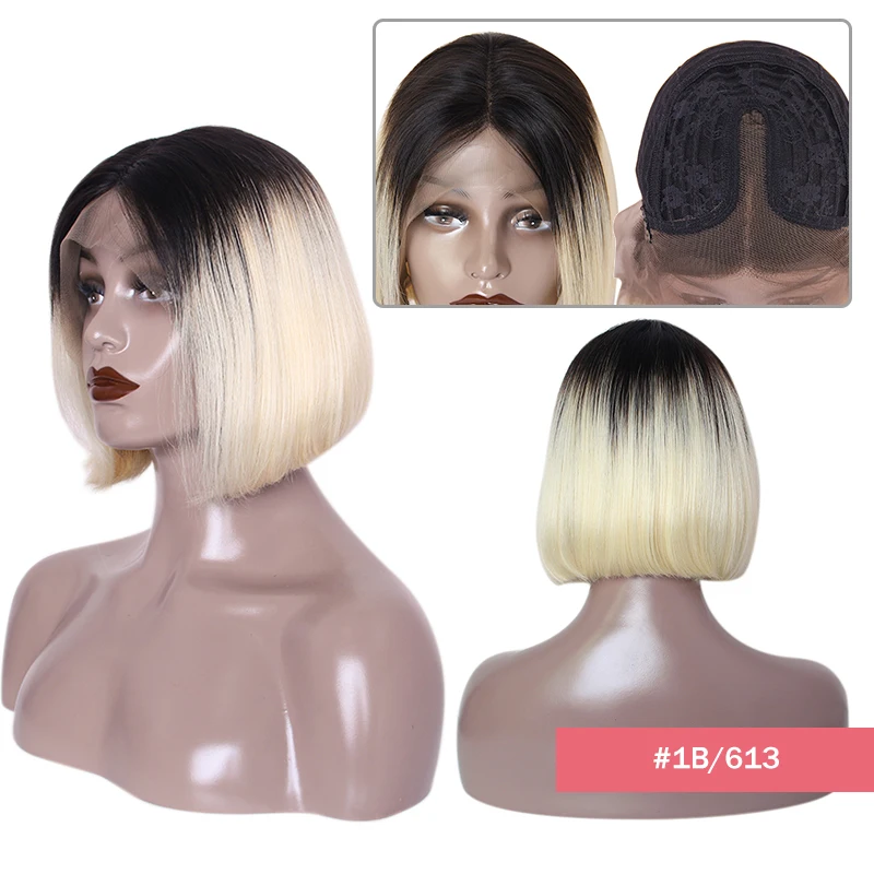 Omber Short Bob L Middle Part Lace Wigs For Black Woman 1b/30 1b/27 1b/99j 613 Blonde Straight Remy Brazilian Human Hair 130%