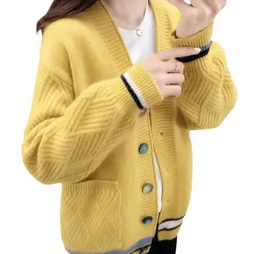 Осень Для женщин свитер с длинными рукавами и открытой передней вязаные свитера на пуговицах, с карманами, кардиган, пальто, свитер truien pull femme - Цвет: Цвет: желтый