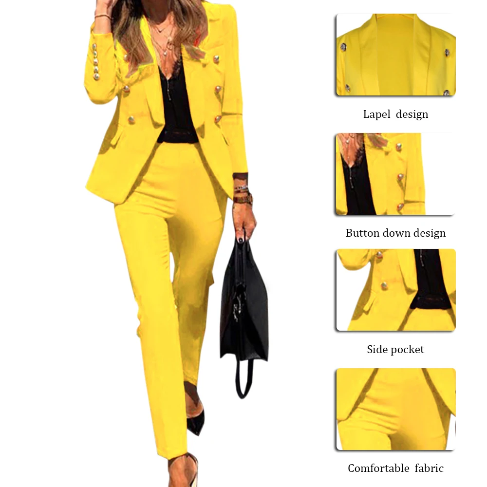 2pc Casual Women Suits Coat And Trouser Blazers Suit Female Single-breasted Long-sleeved Trousers Solid Color 2020 Spring Autumn