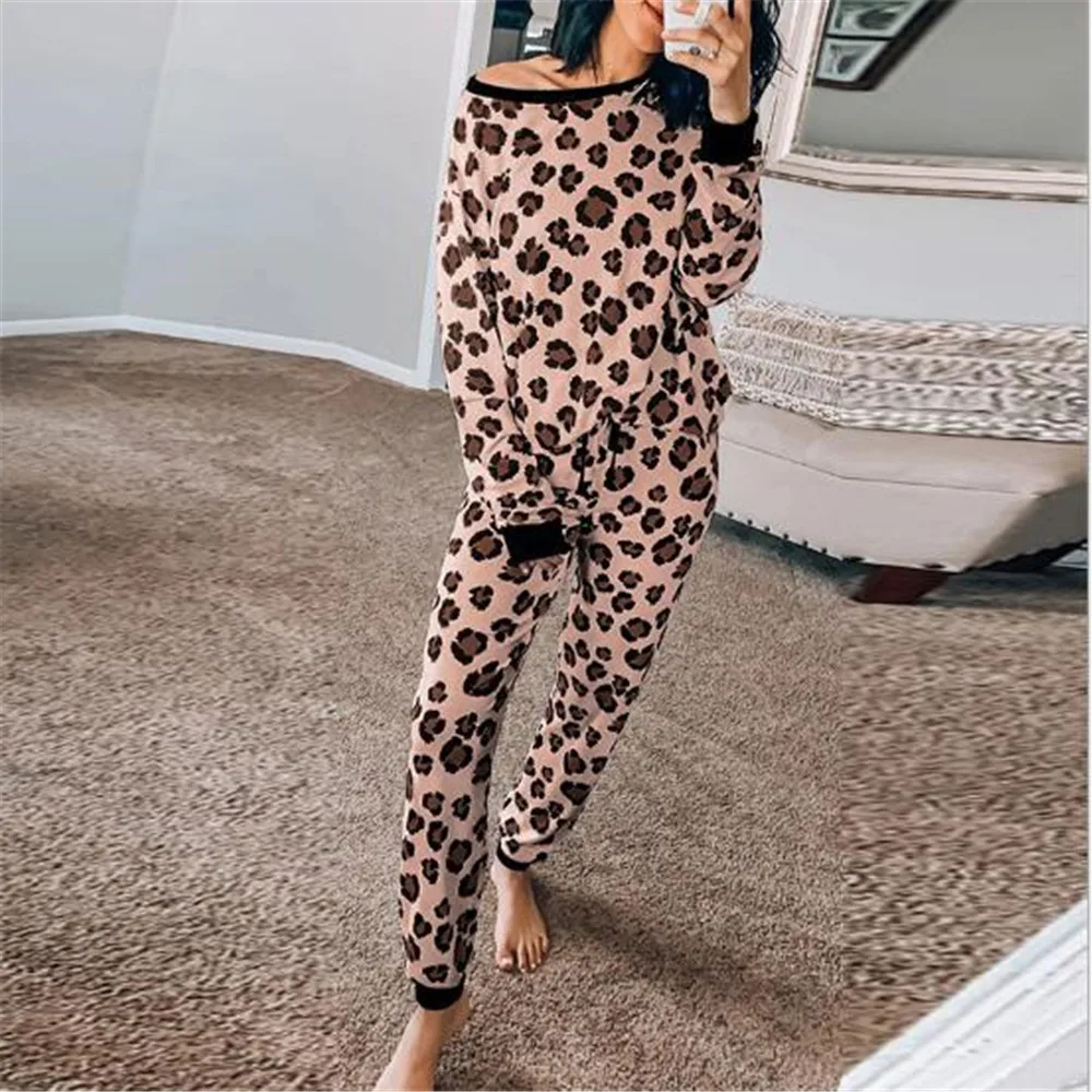 

Spring Autumn Women Casual Cotton Blend Home Wear 2 Pieces Outfits Leopard Set Pullover Long Sleeve O Neck Tunic Long Trousers
