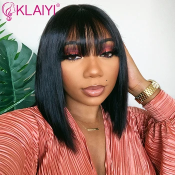 Klaiyi Hair Straight Bob Human Hair Wigs With Bang 8-14 inch Pre Plucked Brazilian Remy Hair 13*4 Lace Front Wig 150% Density 1