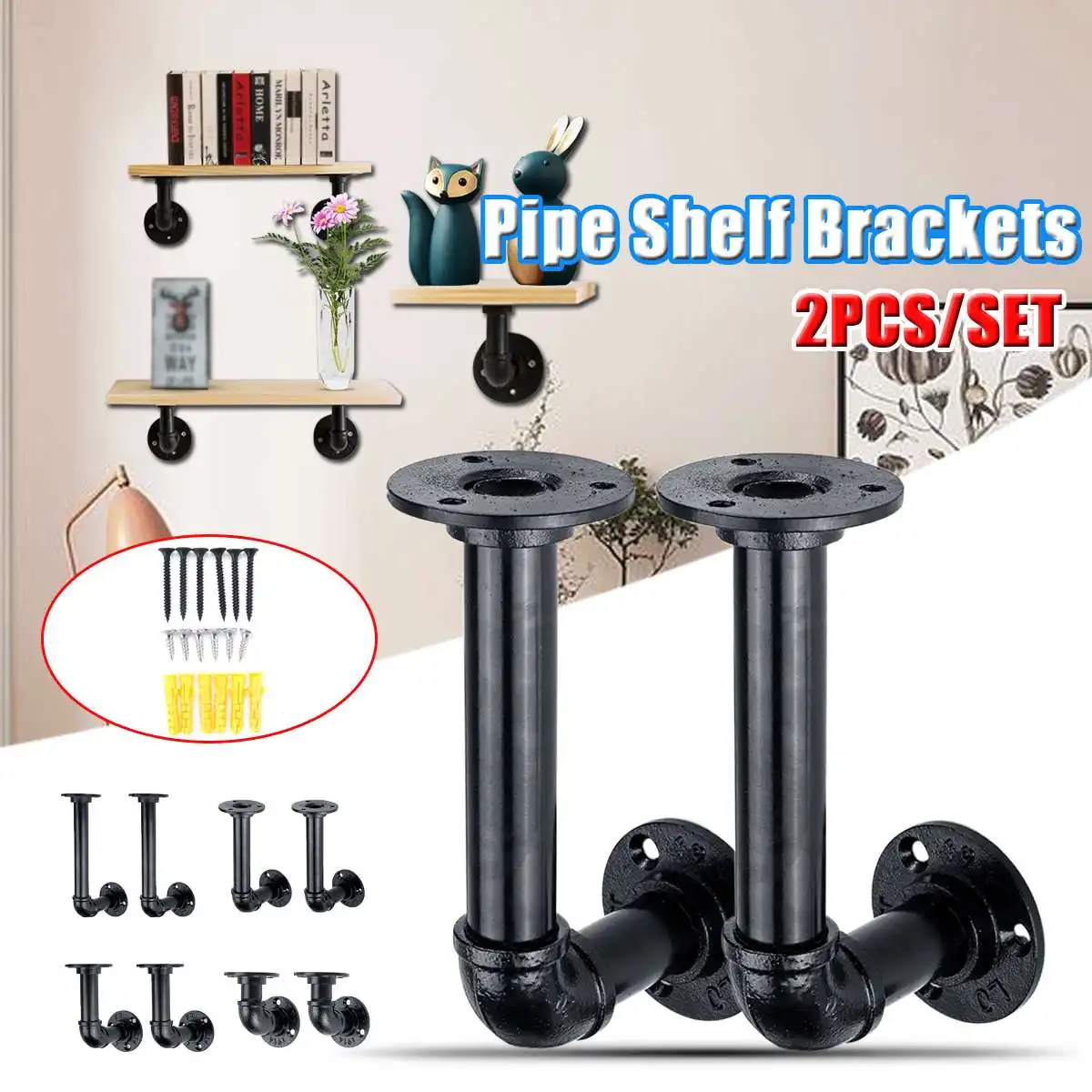 

9/14/19/23cm 2Pcs Industrial Black Iron Pipe Bracket Wall Mounted Floating Shelf Hanging Wall Hardware Decor