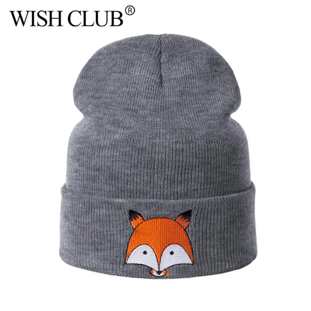 Wish Club/Модная зимняя женская шапка, мужская вязаная однотонная Теплая Шапка-бини, Детская шляпа с рисунком лисы, шляпы для мальчиков и девочек, Кепка для улицы