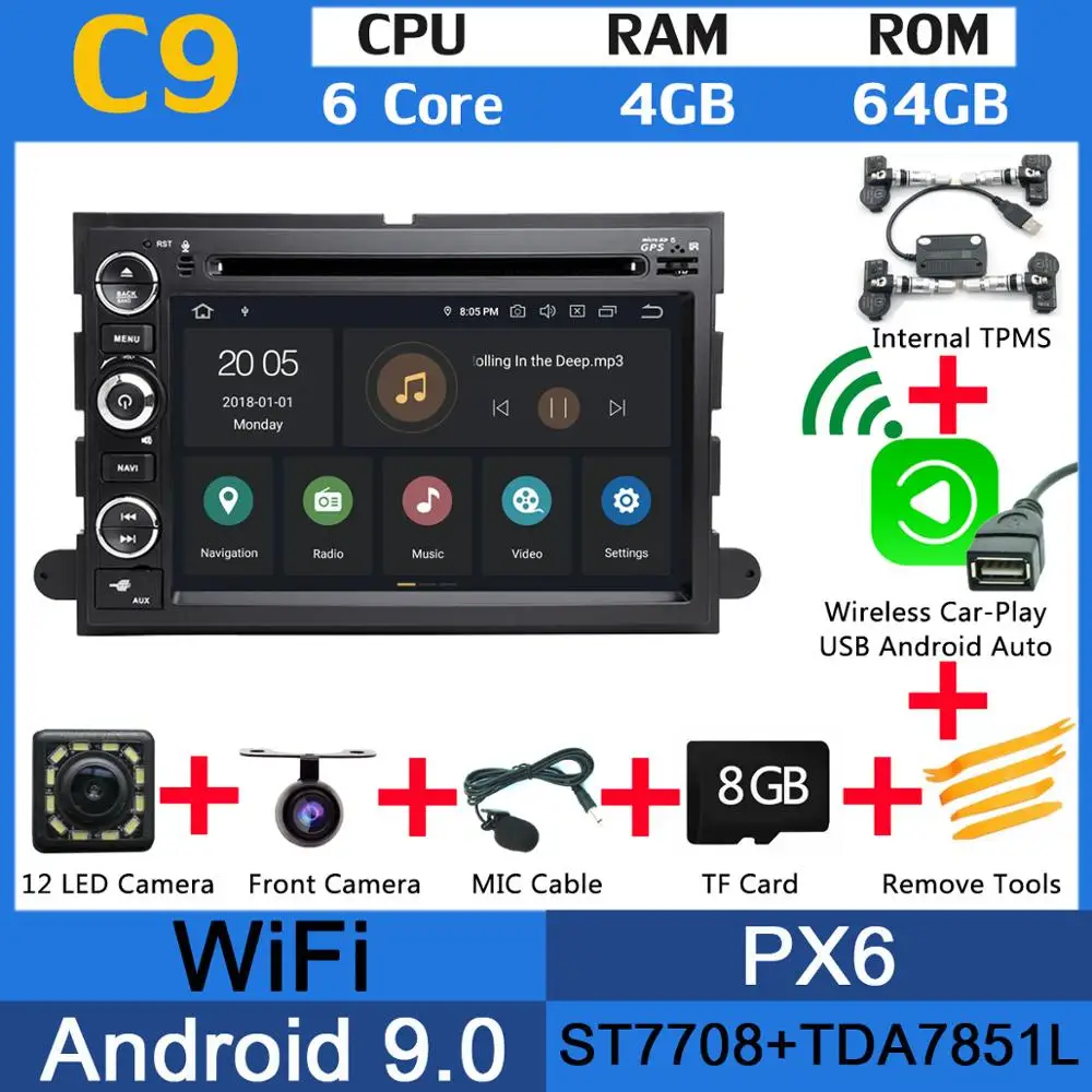 PX6 Wl CarPlay TPMS Android 9,0 PX6 4G+ 64G Автомобильный dvd-плеер для Ford Fusion Explorer Focus Edge Expedition Mustang Escape frestyle gps Радио CarPlay - Цвет: PX6 Wl CarPlay TPMS