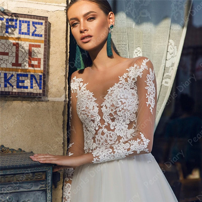 Cheap-Elegant-Tulle-A-line-Wedding-Dresses-for-Bridal-White-Ivory-O-neck-Long-Sleeve-Applique (2)