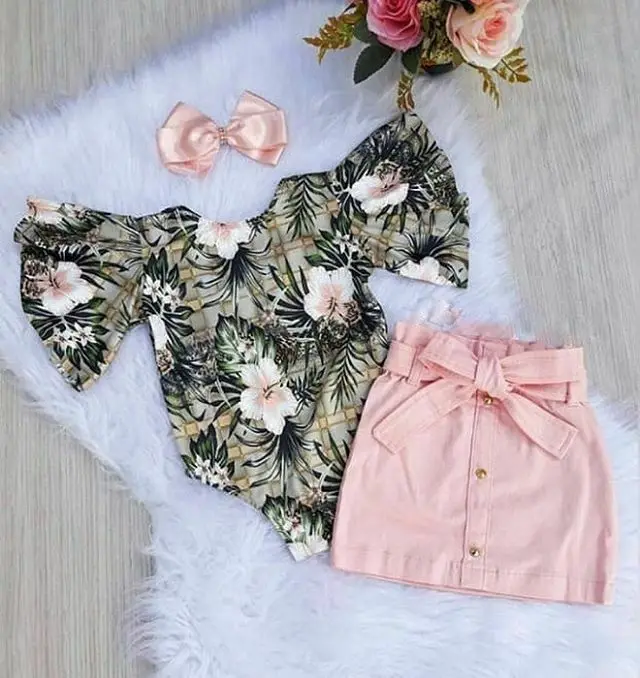 

1-4Y Summer Kids Baby Girl Flare Sleeve Floral Bodysuit Tops A-line Button Skirt 2PCS Outfits Fashion Girls Clothing Set