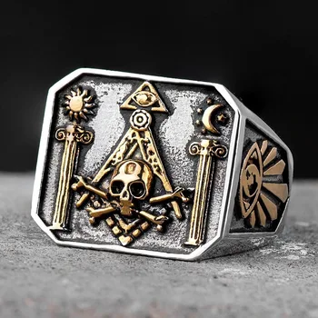 

Titanium steel (stainless steel) retro Freemasonry skull ring high end original design handmade men's ring