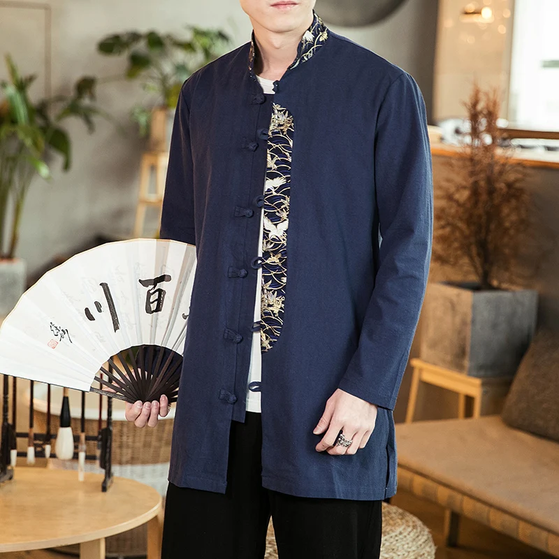 

M-5XL Plus Size Men`s Chinese Traditional Linen Cotton Tai Chi Kung Fu Mandarin Collar Frog-Button Shirt Long Sleeve XXXXXL