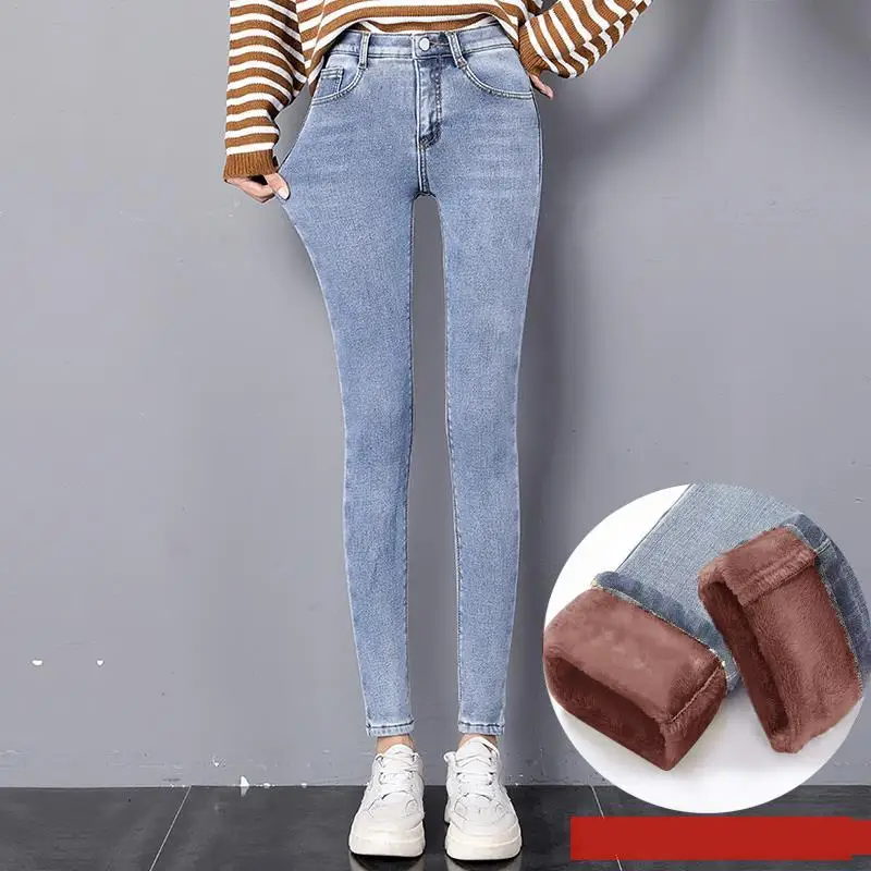 Light blue Coffee Зимние джинсы женские плюс бархатные плотные с высокой талией стрейч женские узкие джинсы Уличная теплая джинсовая карандаш брюки джинсы Femme - Цвет: Light blue Coffee
