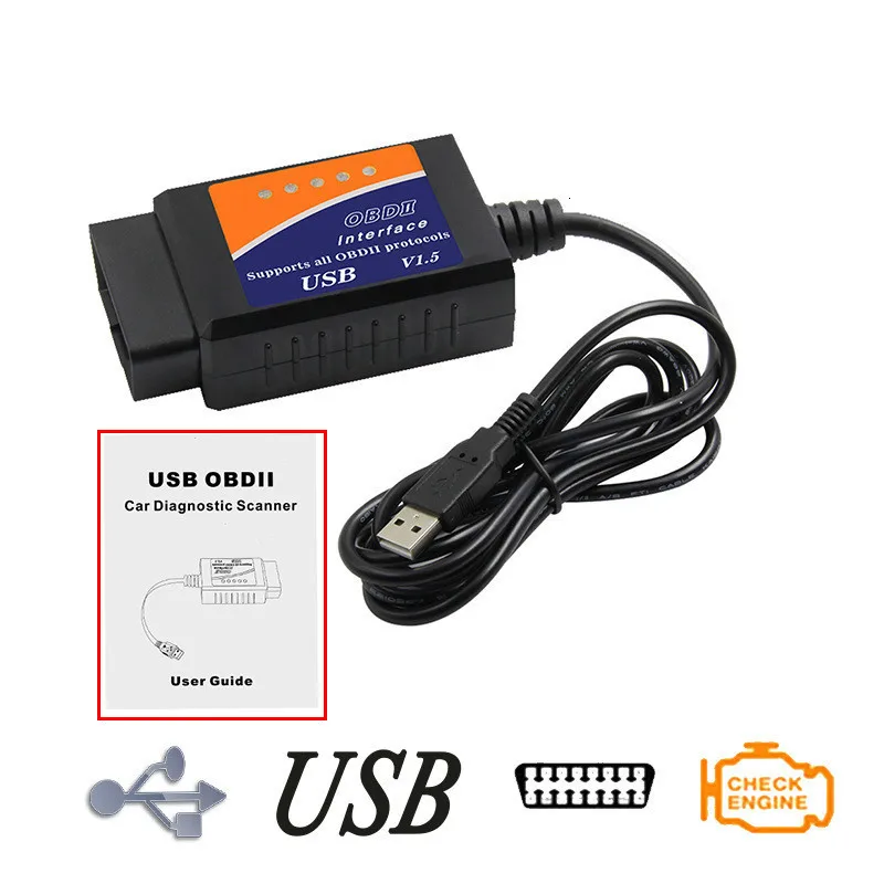 Автомобильный диагностический инструмент USB пластик ELM327 V1.5 OBD считыватели кодов сканирующие инструменты интерфейс поддерживает все OBD2 протоколы
