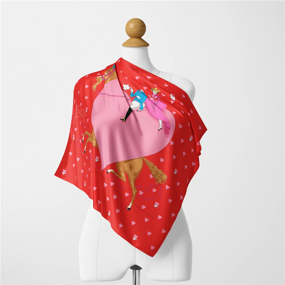 Twill Silk Scarf Woman Lover Heart Painting Square Scarves Wraps Bandana Small Hijab Silk Foulards Tie Headband Neckerchief 53CM 5