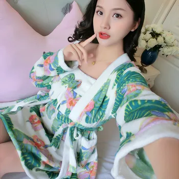 

Robe Set Women Flannel Kimono Bathrobe Gown Sleepwear Nightdress Long Sleeve Negligee Sleep Suit Coral Fleece Green Home Clothes