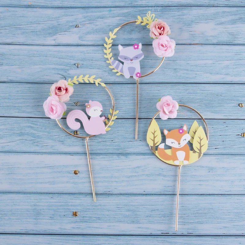 

Beautiful Forest Animal Theme Cake Decoration Fox Squirrel Flower Wreath Garland Cake Topper Child Birthday Party Supplies
