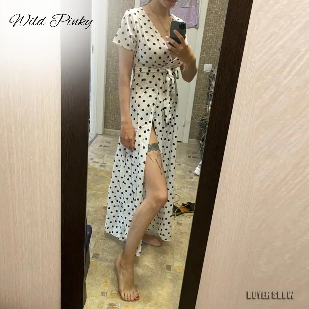 Женское длинное платье в горошек WildPinky Boho летнее Повседневное с коротким рукавом