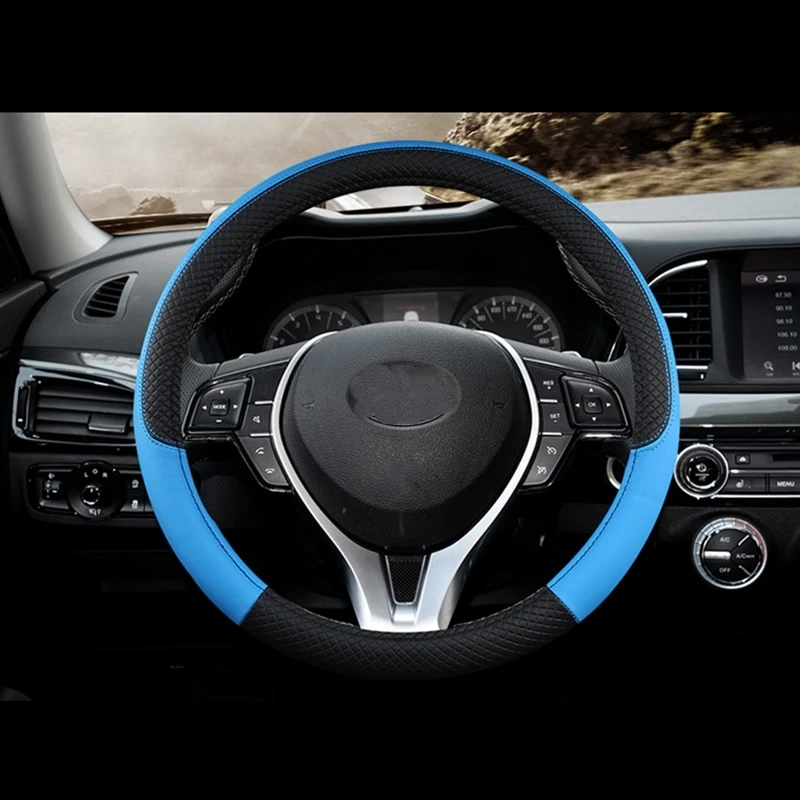 Чехол рулевого колеса автомобиля Skidproof Авто Крышка рулевого колеса Противоскользящий Универсальный тиснение кожа автомобиль-Стайлинг - Название цвета: Black Blue