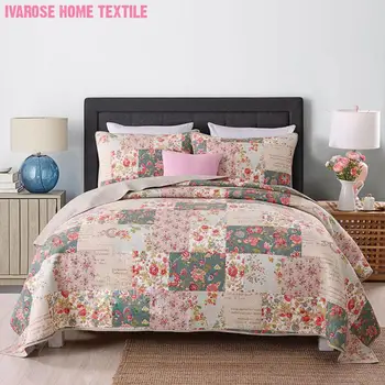 

Floral Print Real Plaid Patchwork 100% Cotton Reversible Coverlet Quilted Bedspread Quilt Bedding Set Full Queen size 3Pcs