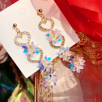 

Korean Trendy Love Heart Rhinestone Long Pendientes For Women Fashion Colorful Plastic Flower Dangle Earrings Gift