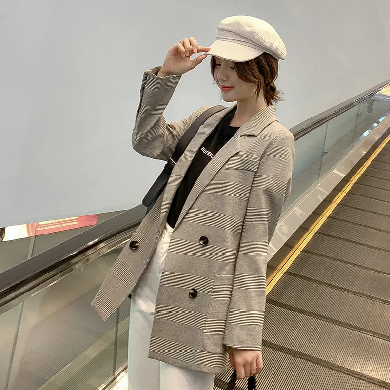 

2019 Autumn Korean-style New Style Small Suit Coat Retro Double Breasted Plaid Mid-length Loose-Fit Leisure Suit Women's