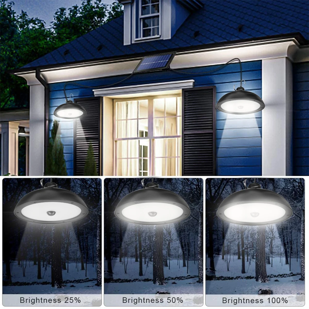 Luminaire Solaire Extérieur Suspendu à Double Tête - LED étanche IP65 - Pour Abri De Jardin, Terrasse, Garage - Panneau Solaire 5.5V, Batterie Intégrée