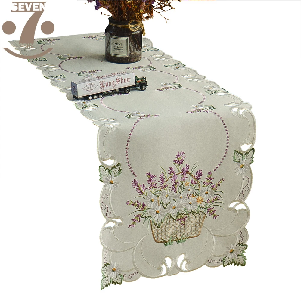 16x70 Inches Beige Colour Satin Fabric Lavender Embroidered Festival Wedding Party Decoration Table Runner | Дом и сад