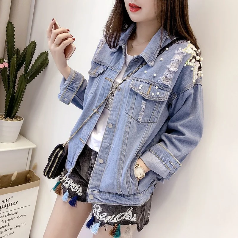 

Куртка женская рваная джинсовая однобортная с длинным рукавом, модный пиджак свободного покроя с лацканами, с вышивкой и блестками, весна