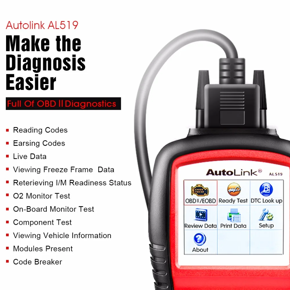Autel AutoLink AL519 Full OBD2 Scanner All 10 modes OBDII/EOBD Car Diagnostic Tool One-Click I/M Readiness Key PK CR3001 & KW310 5