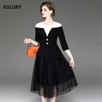 

One Piece Dress 2019 Autumn Fashion Work Dress Women Black White Color Block Patchwork Beading Buttons Large Swing Dress Female