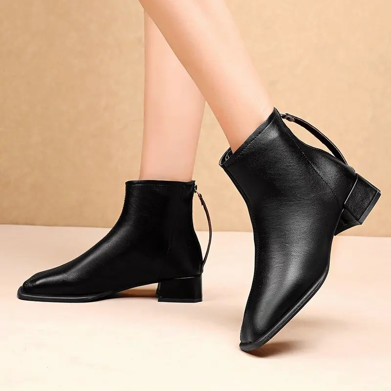 

Ankle Boots for Women Square Toe Fashion Shoes Short Boots Zipper Square Heels Comfortable Pu Leather Square Heel Lady Shoes
