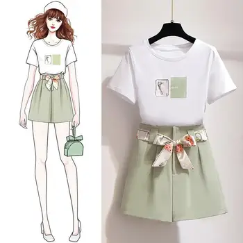 

Womens Shorts and Top Set 2020 Summer White Elegant Short Sleeve T-Shirt Top + Tied Band Loose Shorts Female Two Piece Outfit