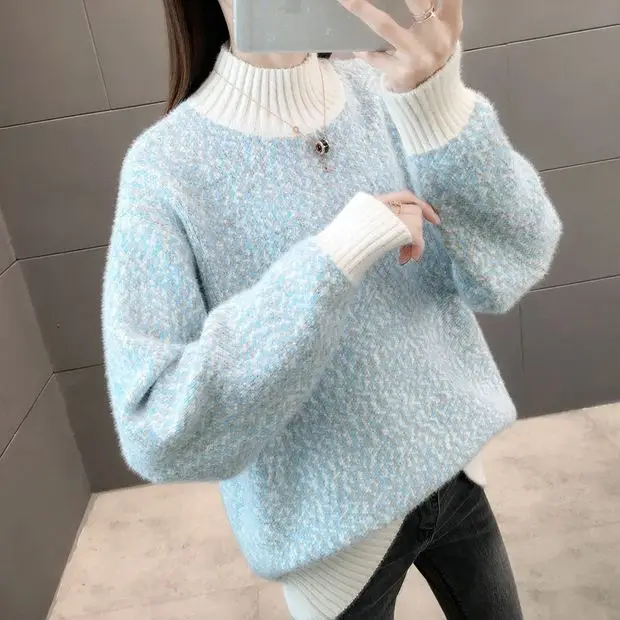 Blusas De Inverno Feminina, пуловер, свитер, 9496 реальное изображение, нижняя этикетка, пряжа, Короткий воротник, вязанная вставка 54
