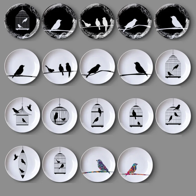 Black and white bird ceramic hanging plate wall decorative dish home decor crafts room decoration | Дом и сад