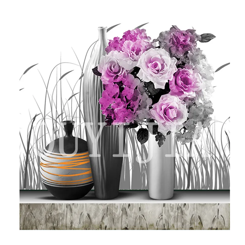 5D алмазная квадратная Круглая Полная фиолетовая Роза Ваза дисплей Алмазная