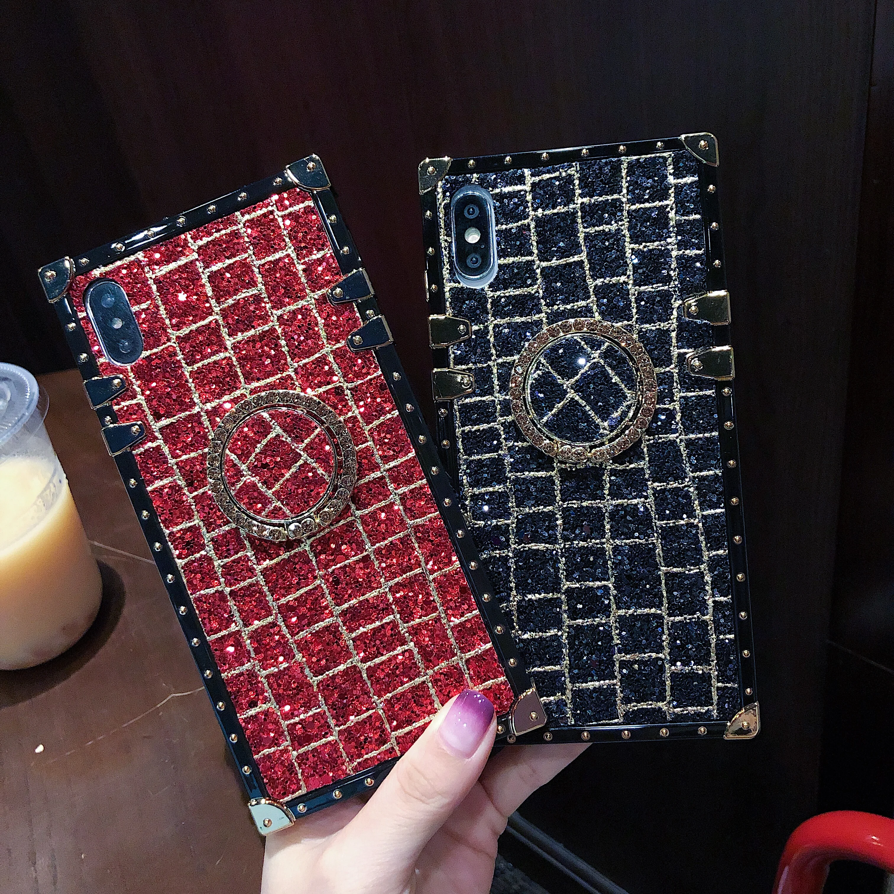 Case For iPhone 11 Pro Max Covers Korean Square Glitter Diamond Ring stand Xr X Xs 7 8 6S Plus Cover |